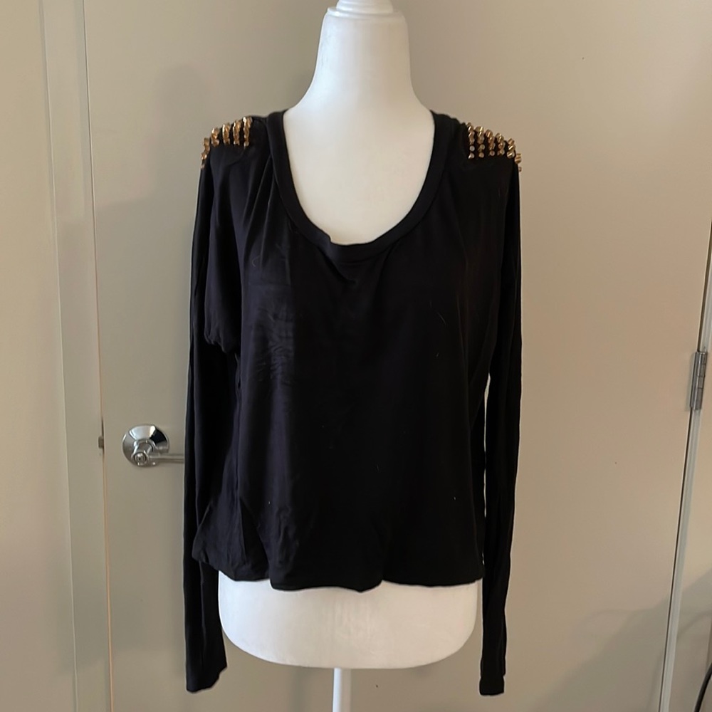 Black boat neck long sleeved tee with gold stud detail